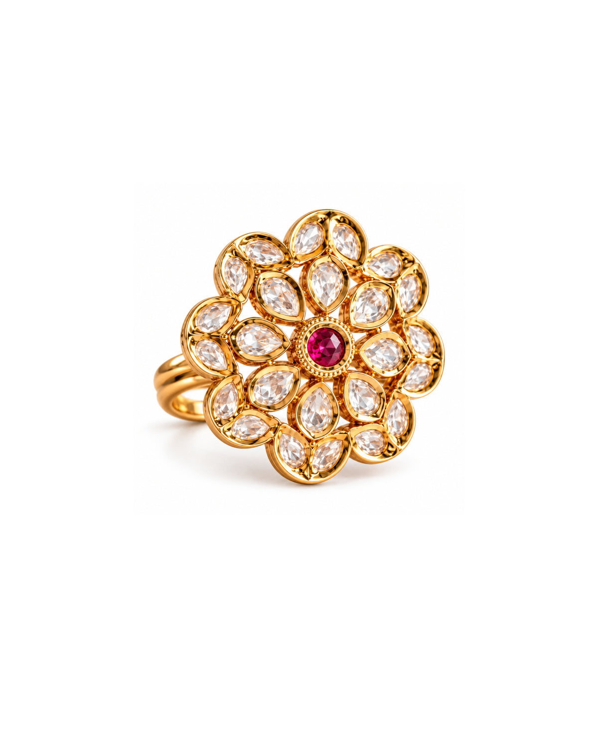 Floral Kundan Studded Gold-Plated Red Stone Ring