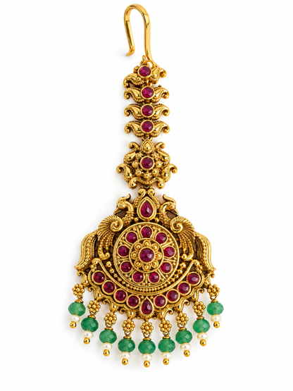 Traditional Gold-Plated Green Beaded & Red Stone Maang Tikka