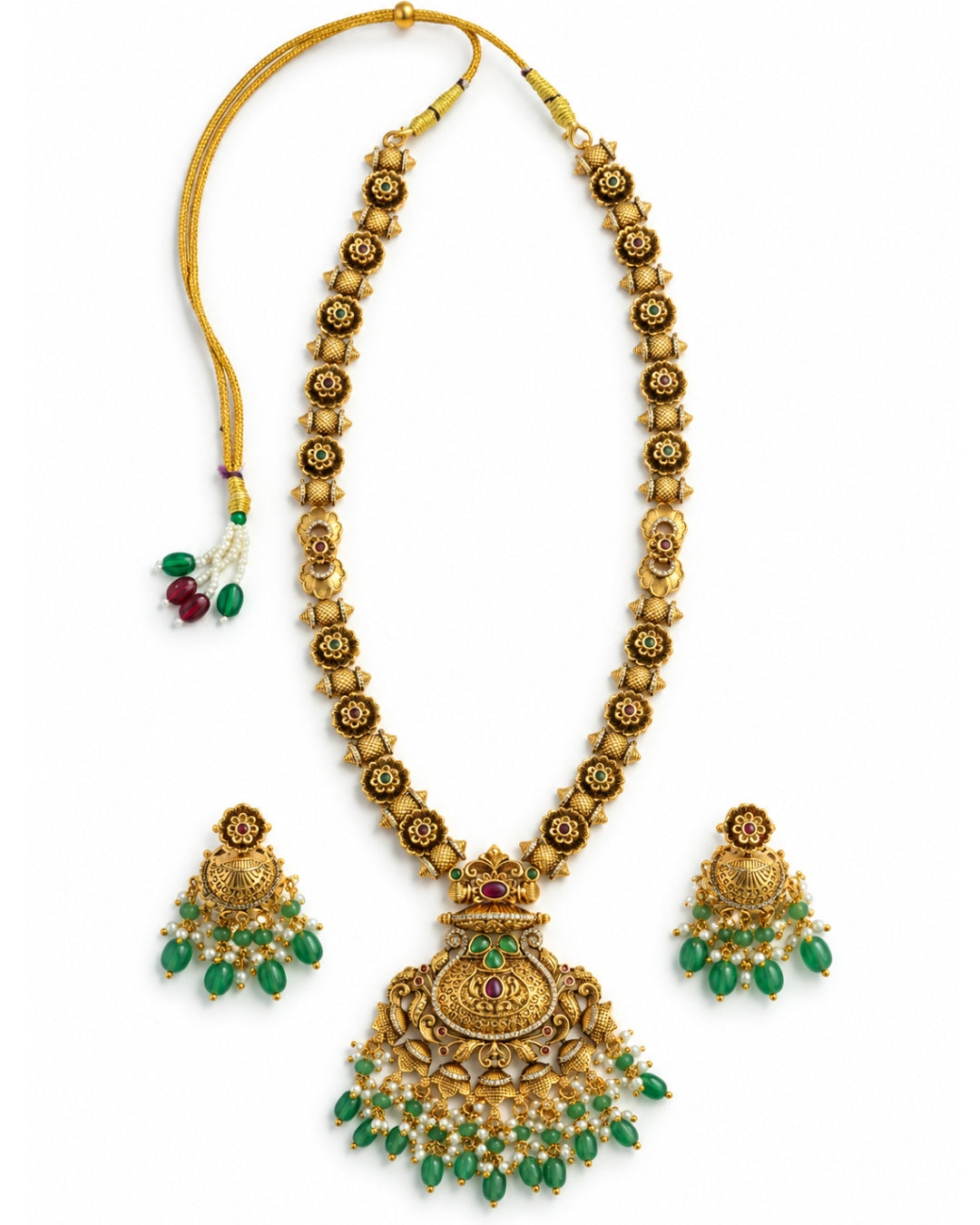 Long Traditional Green Beaded Necklace Set