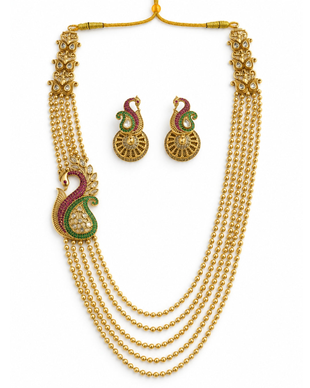 Peacock Motif Side Brooch Gold-Plated Multilayer Necklace Set