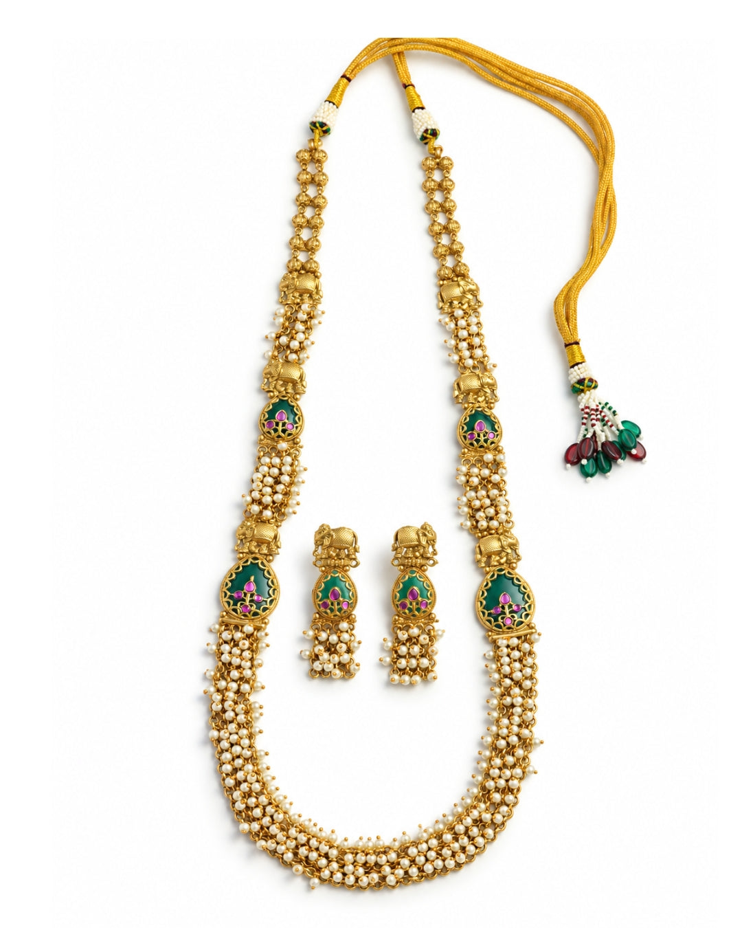 Emerald Elephant Motif Antique Gold Plated Long Necklace Set