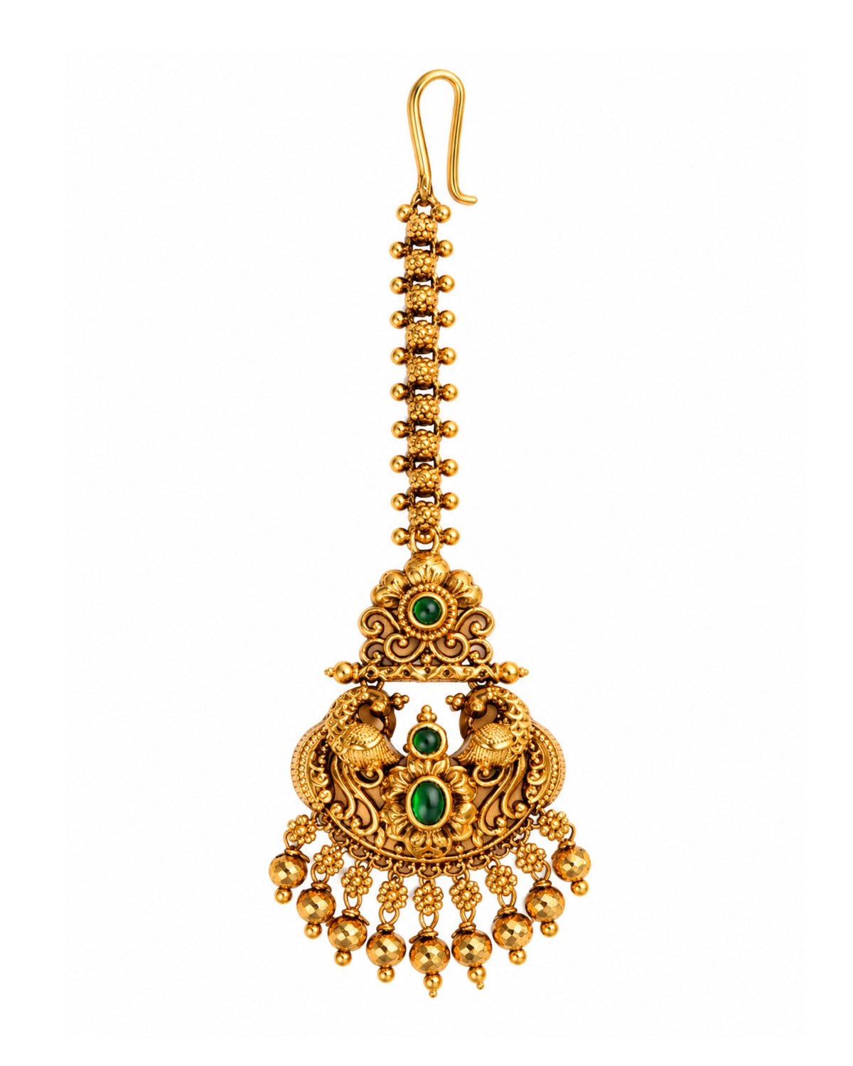 Antique Gold Plated Peacock Green Stone Maang Tikka