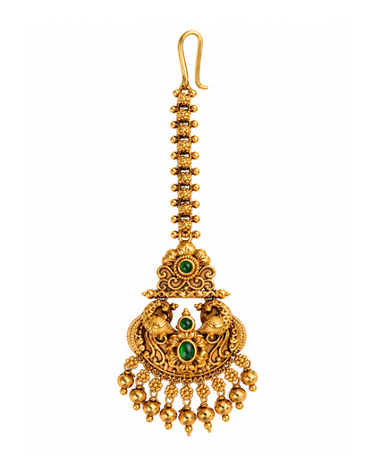 Antique Gold Plated Peacock Green Stone Maang Tikka