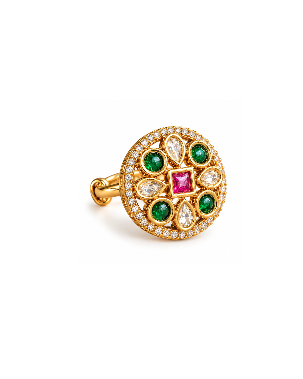 Round AD Multicolour Stone Gold-Plated Ring