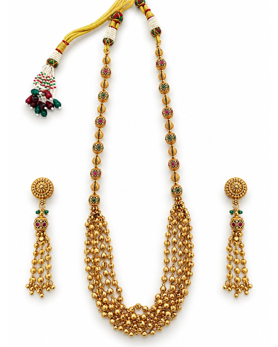 Long Multilayer Beaded Multistone Necklace & Dangler Earrings