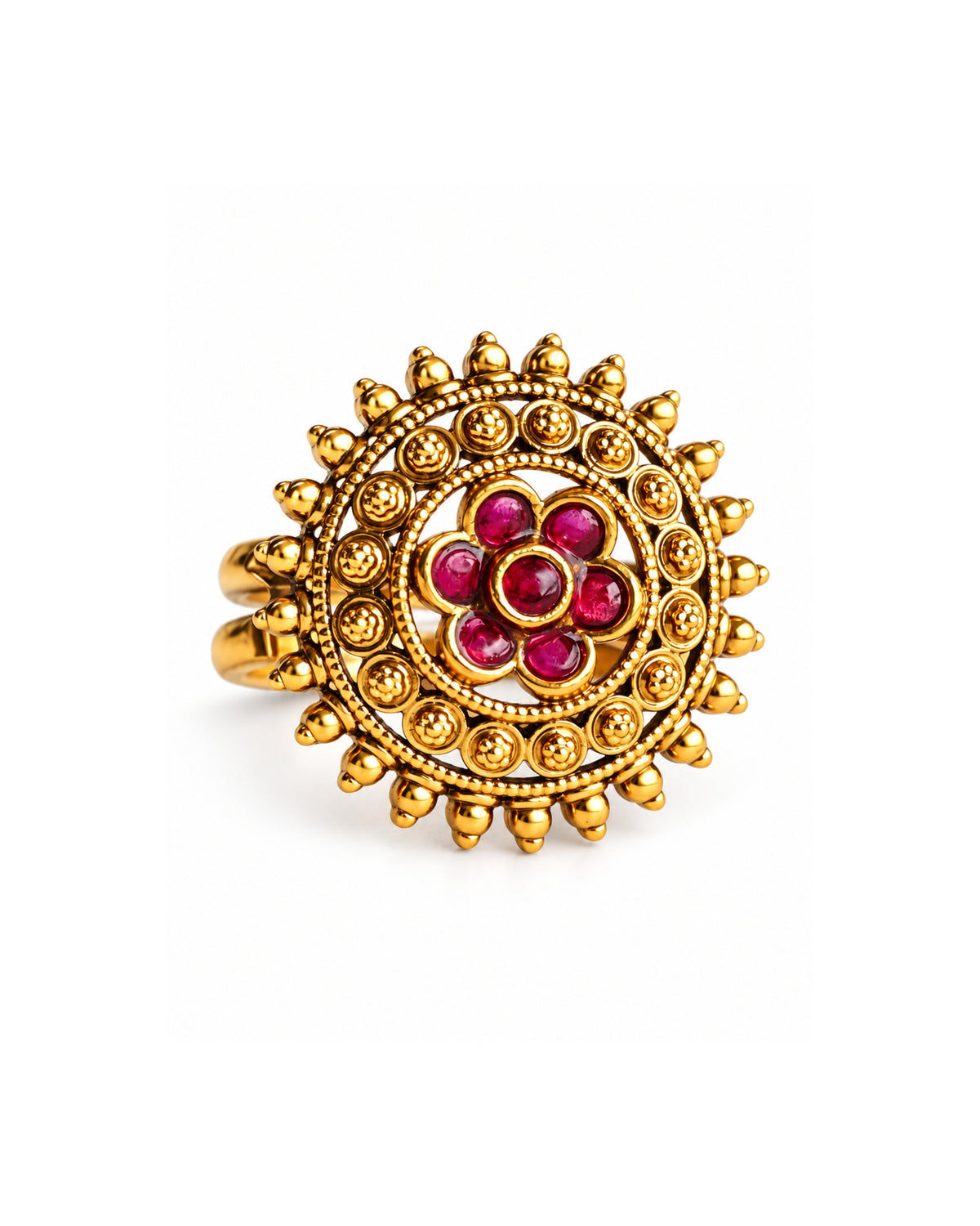 Round Beads Gold-Plated Ruby Floral Ring