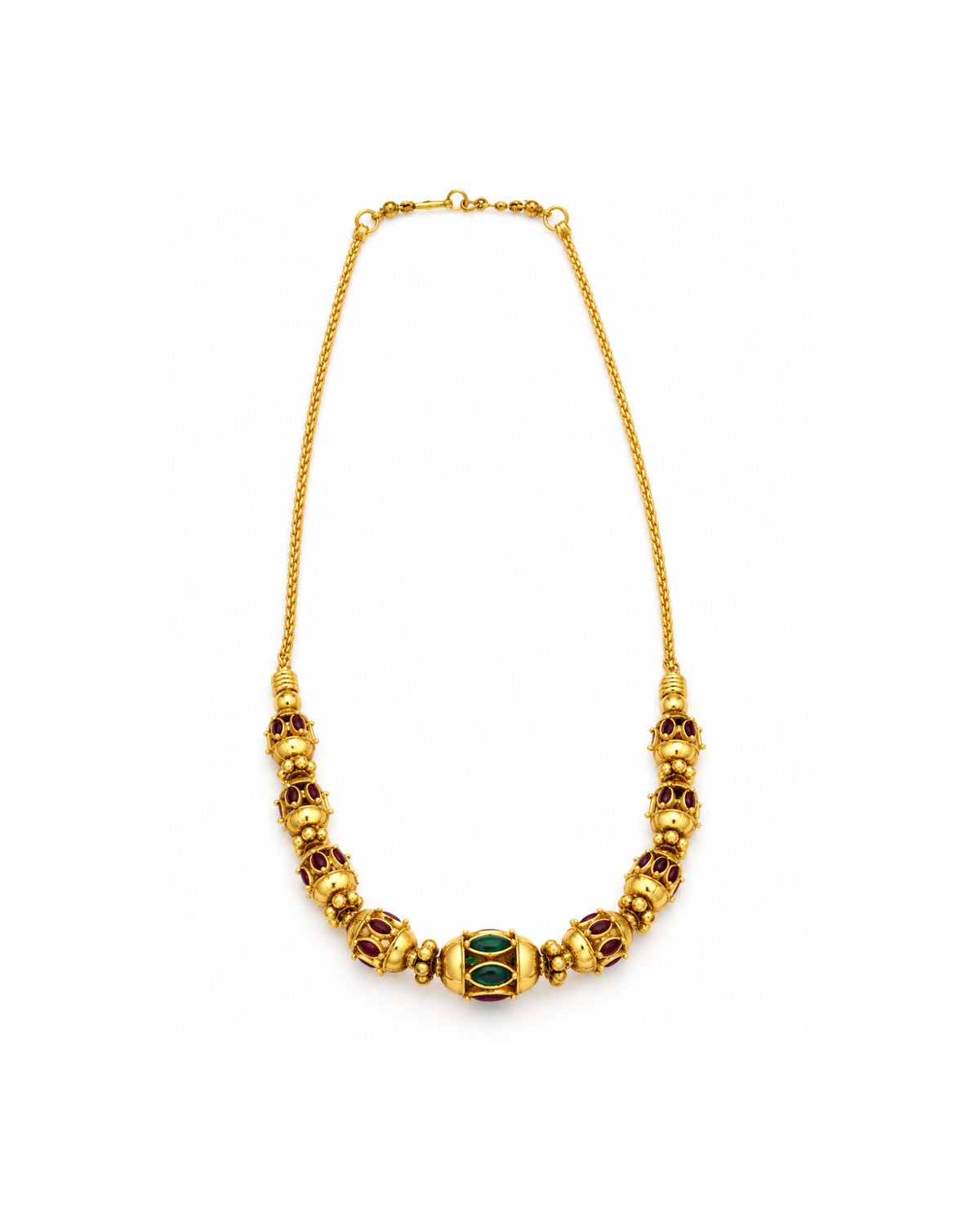 Oval Gold Beaded Red & Green Stone Chain Necklace