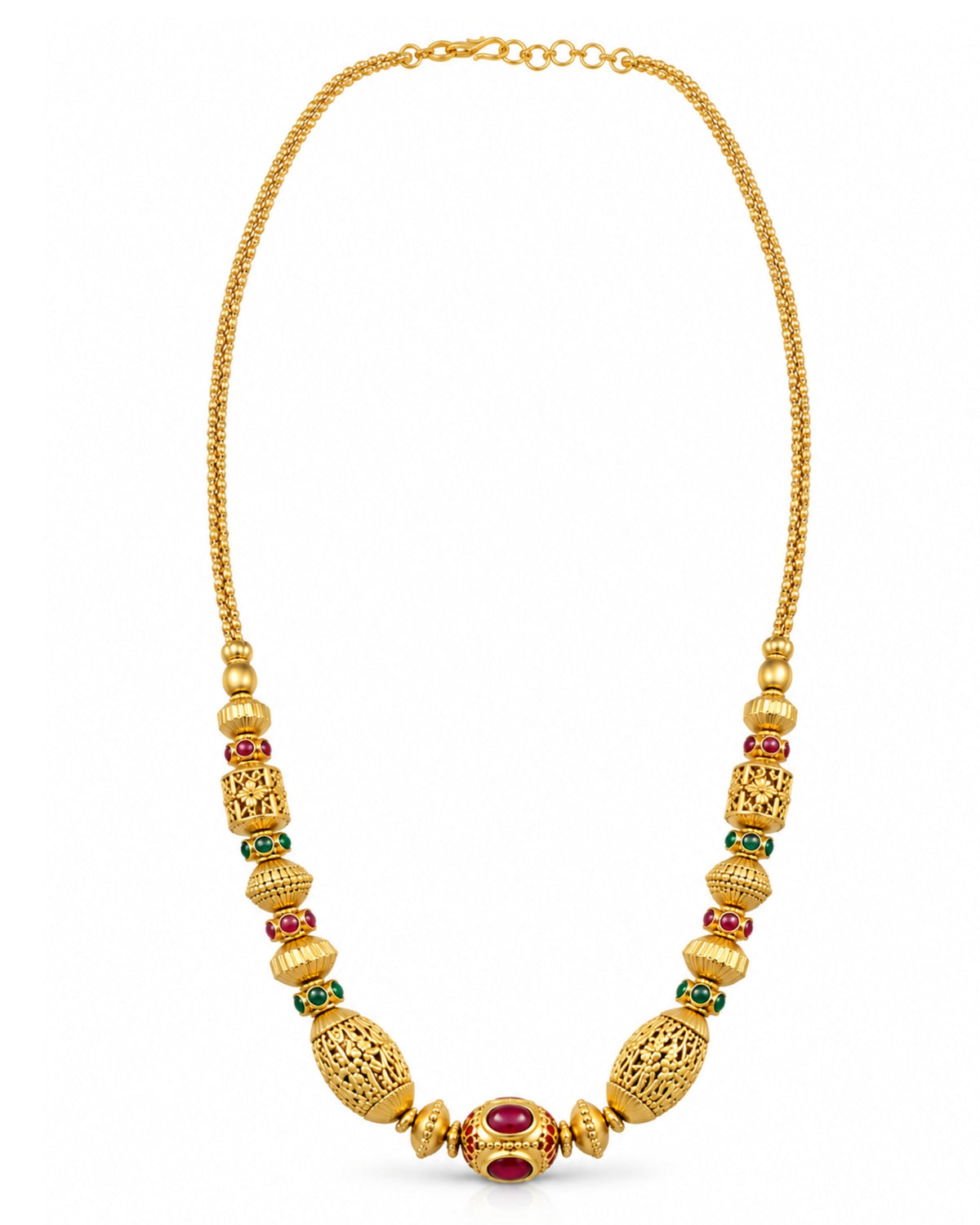 Traditional Oval Beaded Red & Green Stone Chain Necklace