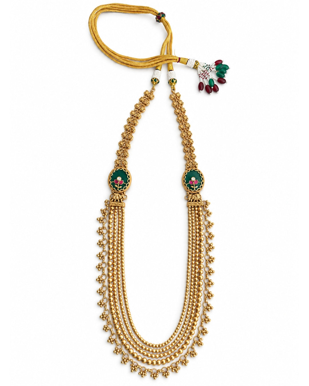 Multi-Layered Gold-Plated Emerald Long Necklace Set