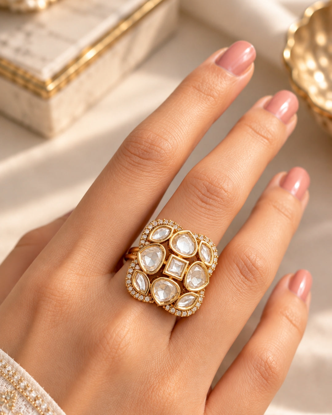Gold-Plated Square Kundan Studded Ring