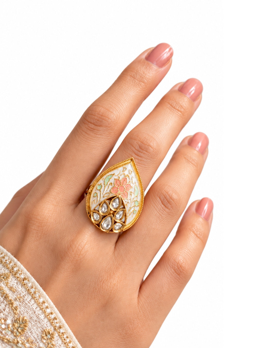Gold Plated Teardrop Meenakari Adjustable Ring