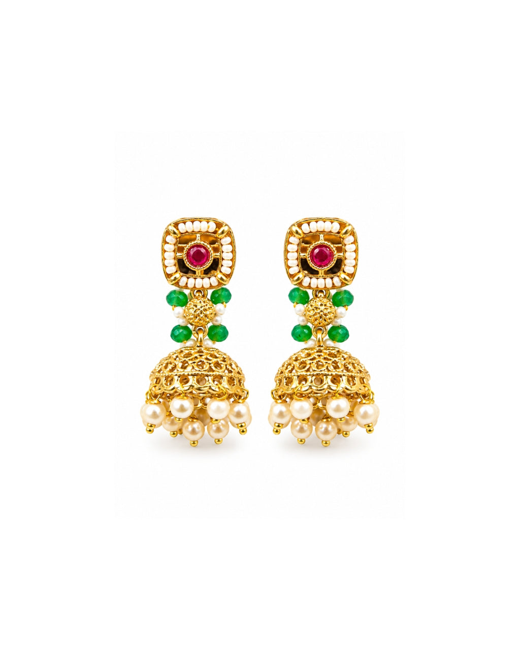 Jadau Gold Plated Emerald Ruby Pearl Detailing Traditional Necklace Set