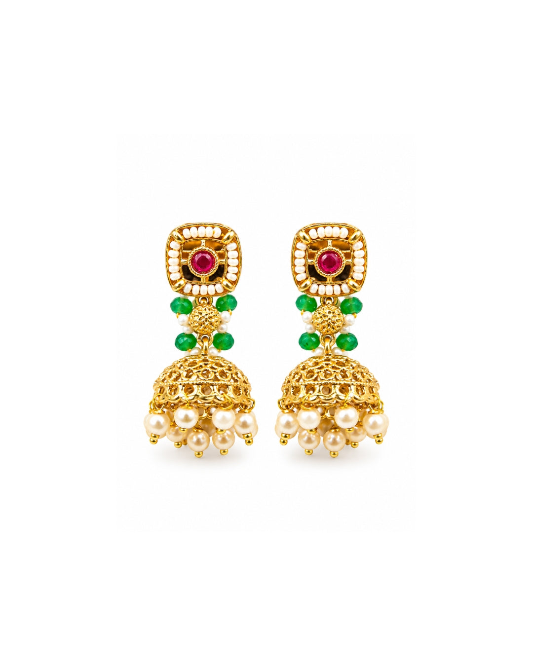 Jadau Gold Plated Emerald Ruby Pearl Detailing Traditional Necklace Set