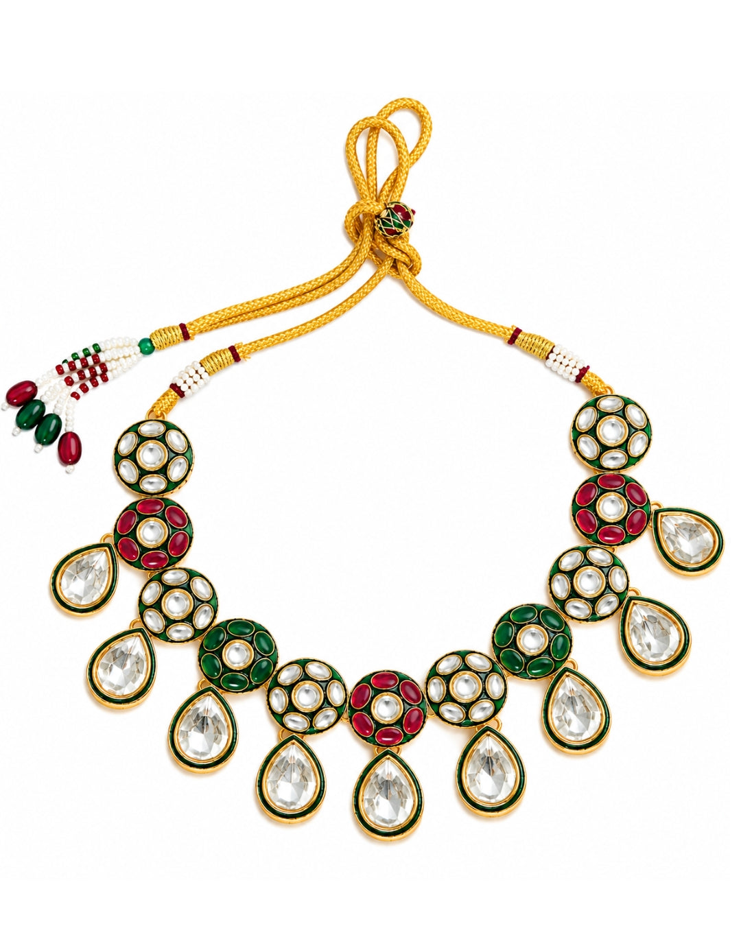 Gold Plated Kundan, Red & Green stone Gold Plated Necklace Set