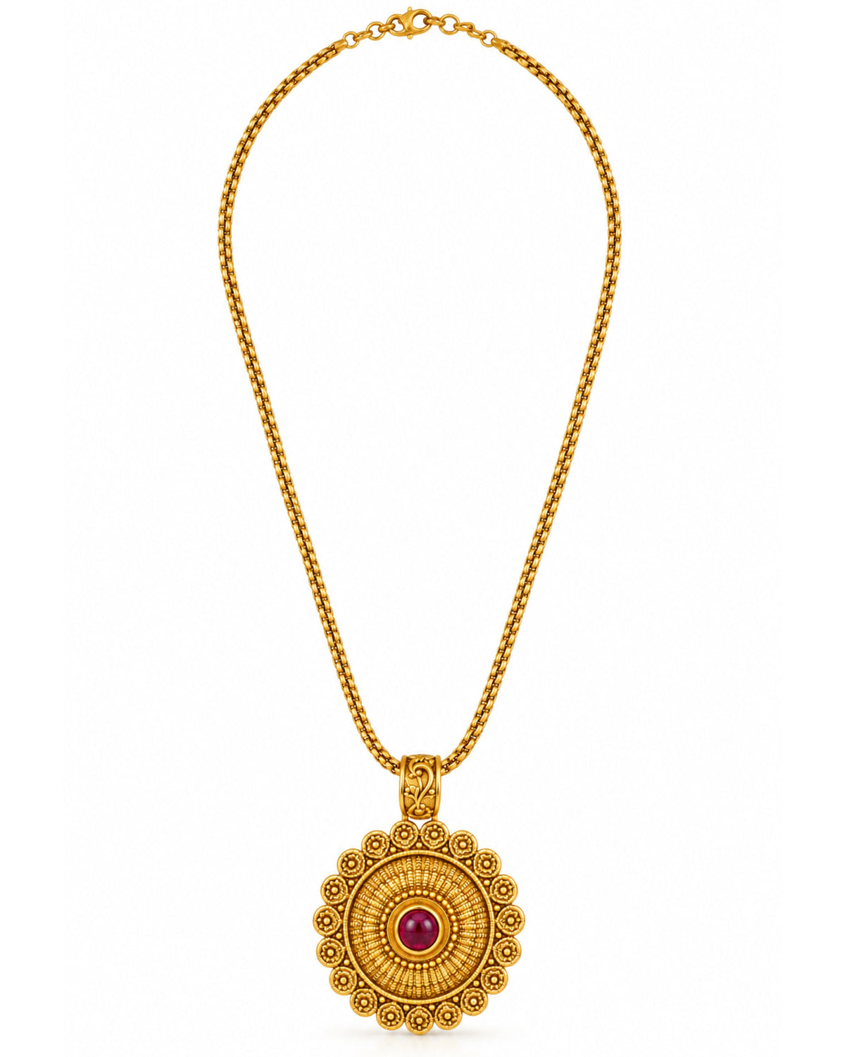 Gold Plated Ruby Pendant Necklace Set with Round Earrings