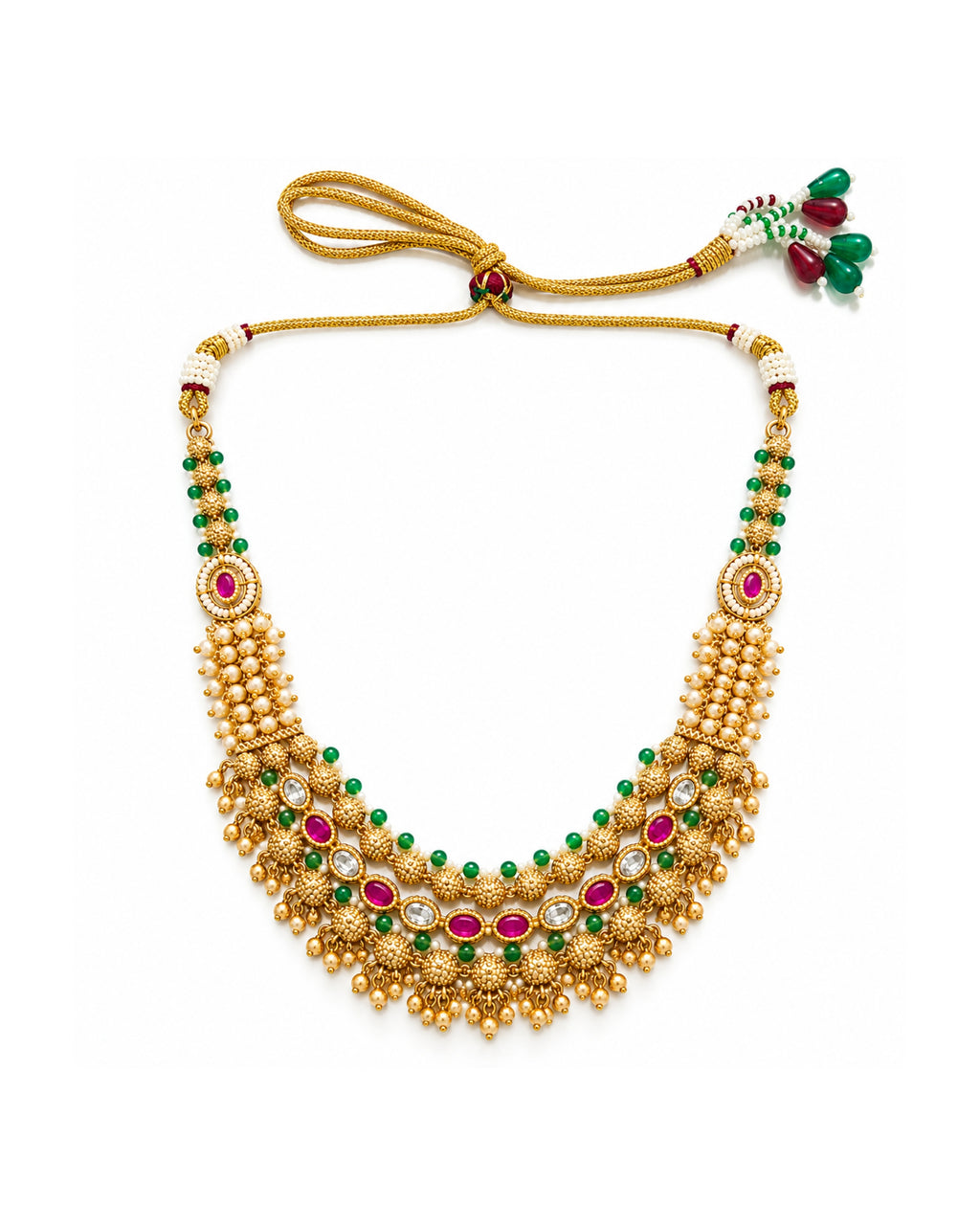 Jadau Traditional Necklace Set with Emerald Pearl and Ruby Detailing