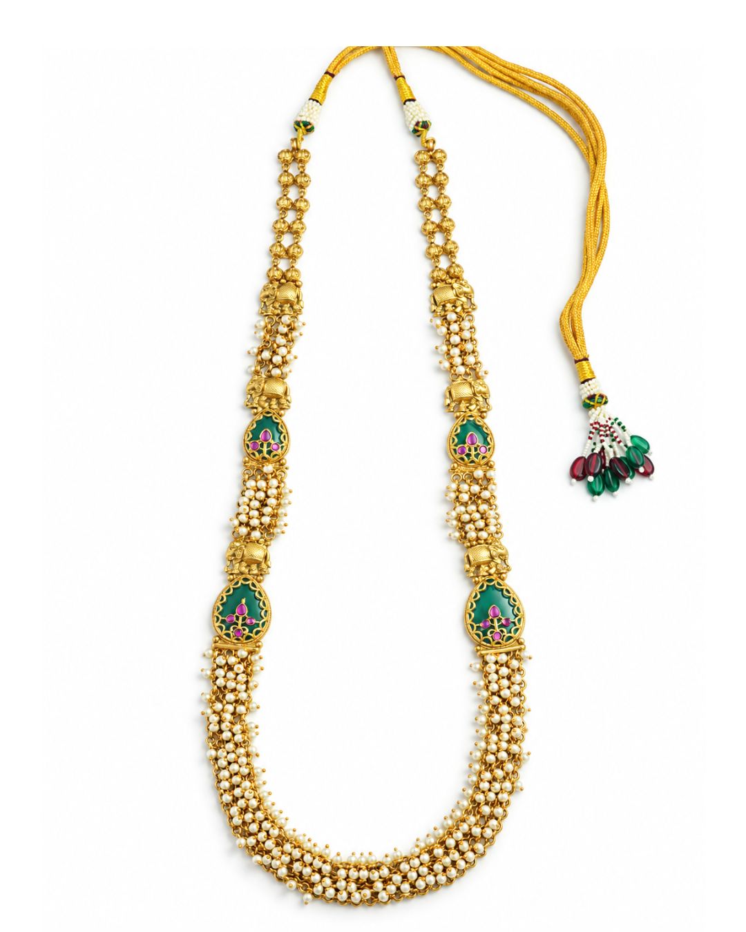 Emerald Elephant Motif Antique Gold Plated Long Necklace Set
