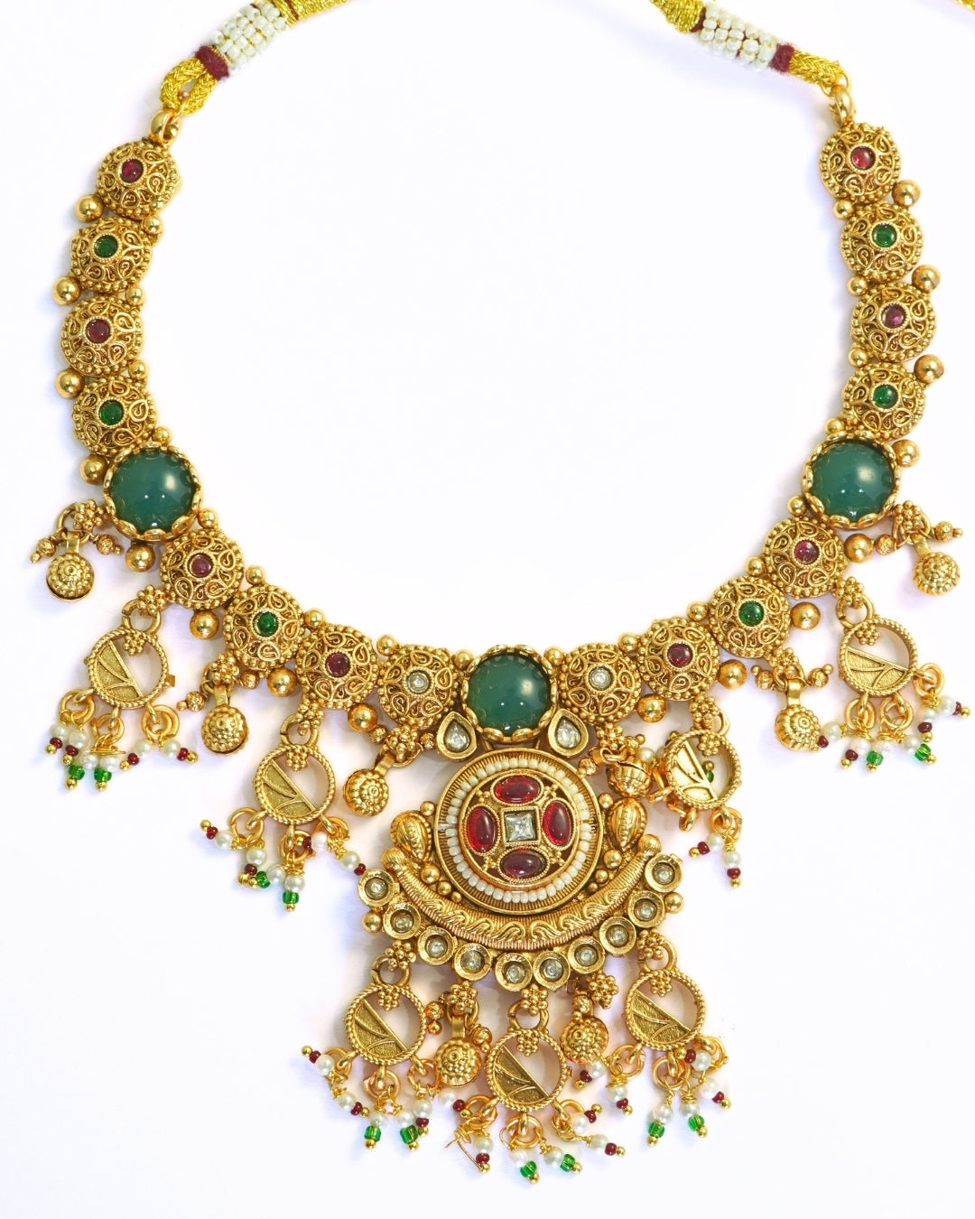 Emerald Studded Gold-Plated Beaded Necklace Set