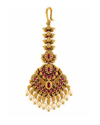 Red Stone Studded & Off-White Beaded Maang Tikka