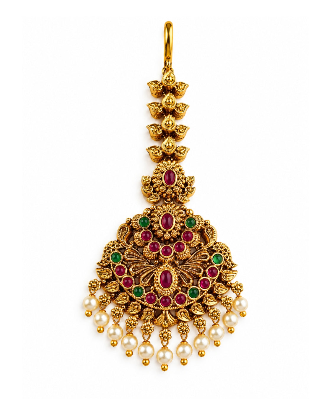 Red & Green studded with beads Gold plated Maang Tikka