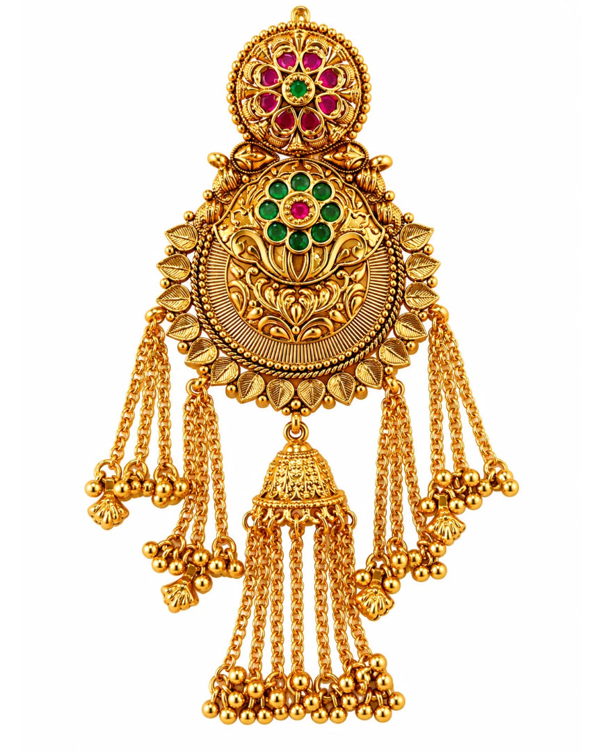 22K Micron Gold-Plated Rajwadi Jadau Stone & Beaded Hair Accessory with Jhumka Drop
