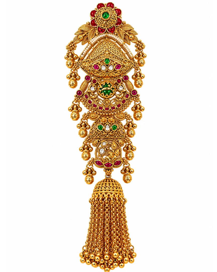 22K Micron Gold Plated Bridal Pearl & Stone Beaded Hair Accessory with Jhumka Drops