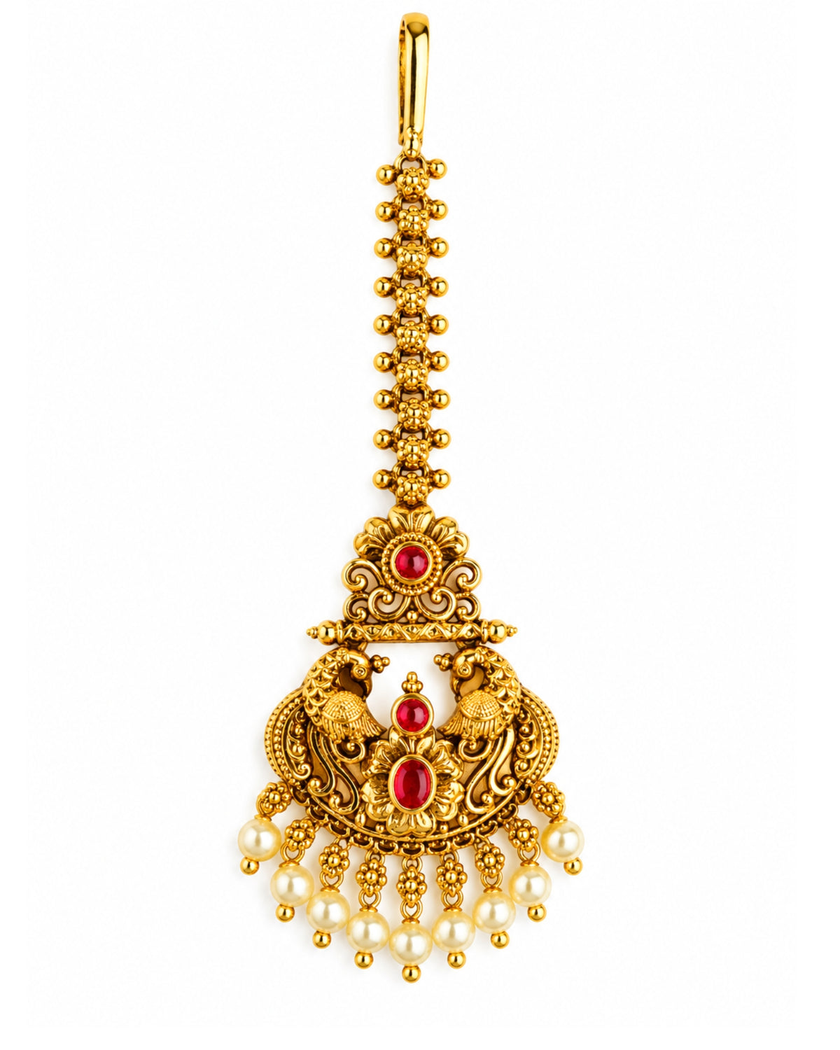 Antique Gold Plated Peacock Red Stone Maang Tikka