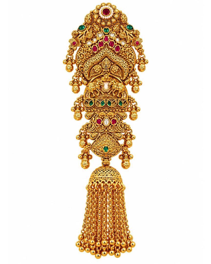 22K Micron Gold Plated Multicolour Stone Studded & Beaded Hair Accessory with Jhumka Drop