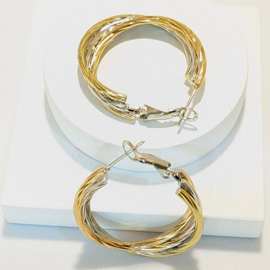 Rhodium, 18k Gold and Rose Gold Plated - All in One Twisted Circular Hoop Earring