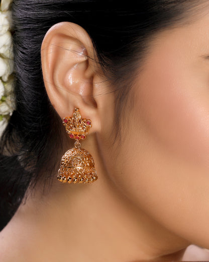 Matte Finish Laxmi Traditional Temple Brass Earrings 22KT Gold Plated Ruby Embellished Jhumka