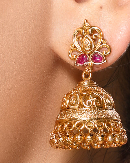 Ruby Studded Traditional Brass Jhumka 22KT Gold Plated Matte Finish