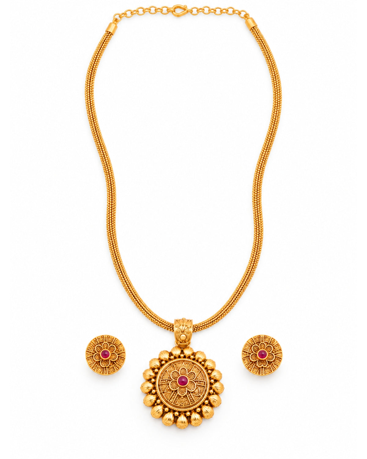 Round Gold-Plated Ruby Floral Pendant Necklace Set
