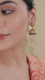 Antique Laxmi Temple Jhumka, 22KT Gold Matte, Red-Green Pearls
