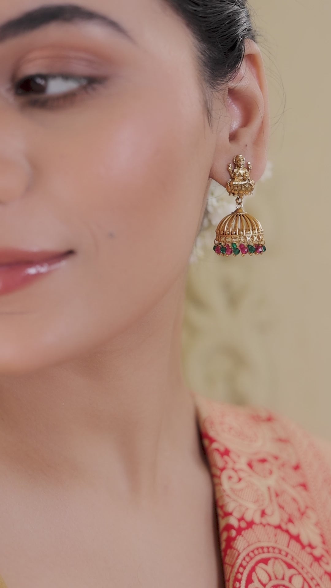 Antique Laxmi Temple Jhumka, 22KT Gold Matte, Red-Green Pearls