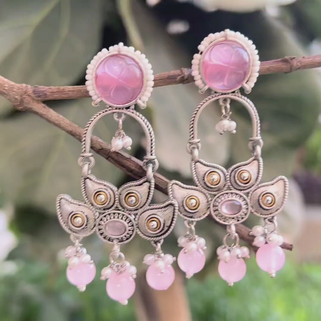 Bold Oxidized Dangler Earrings with Pink Stone & Pearls