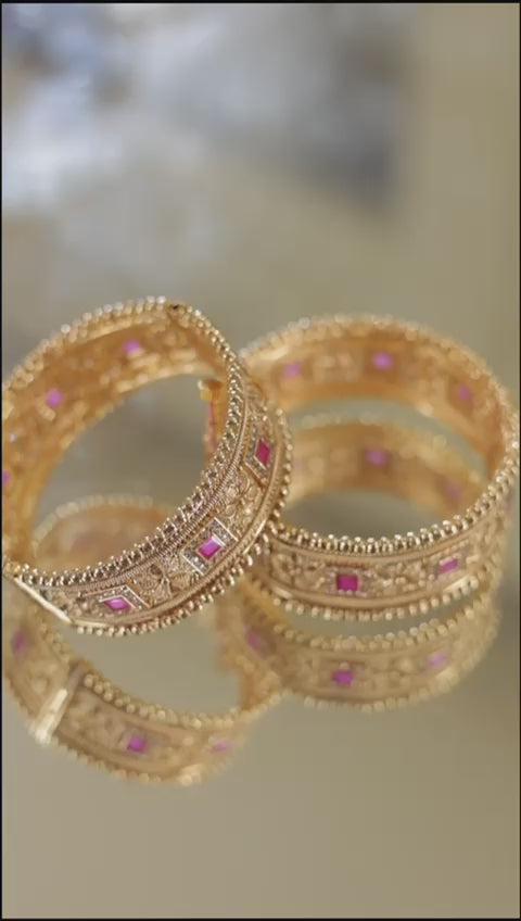 Golden Beaded Edged Ruby Studded Alternate Floral & Square Patterns Openable Traditional Broad Brass Kada in 22KT Gold Plating Matte Finish - Pair of 2