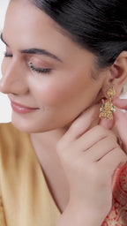 Heritage Laxmi Temple Jhumka with Faux Emerald & 22KT Matte Gold Finish