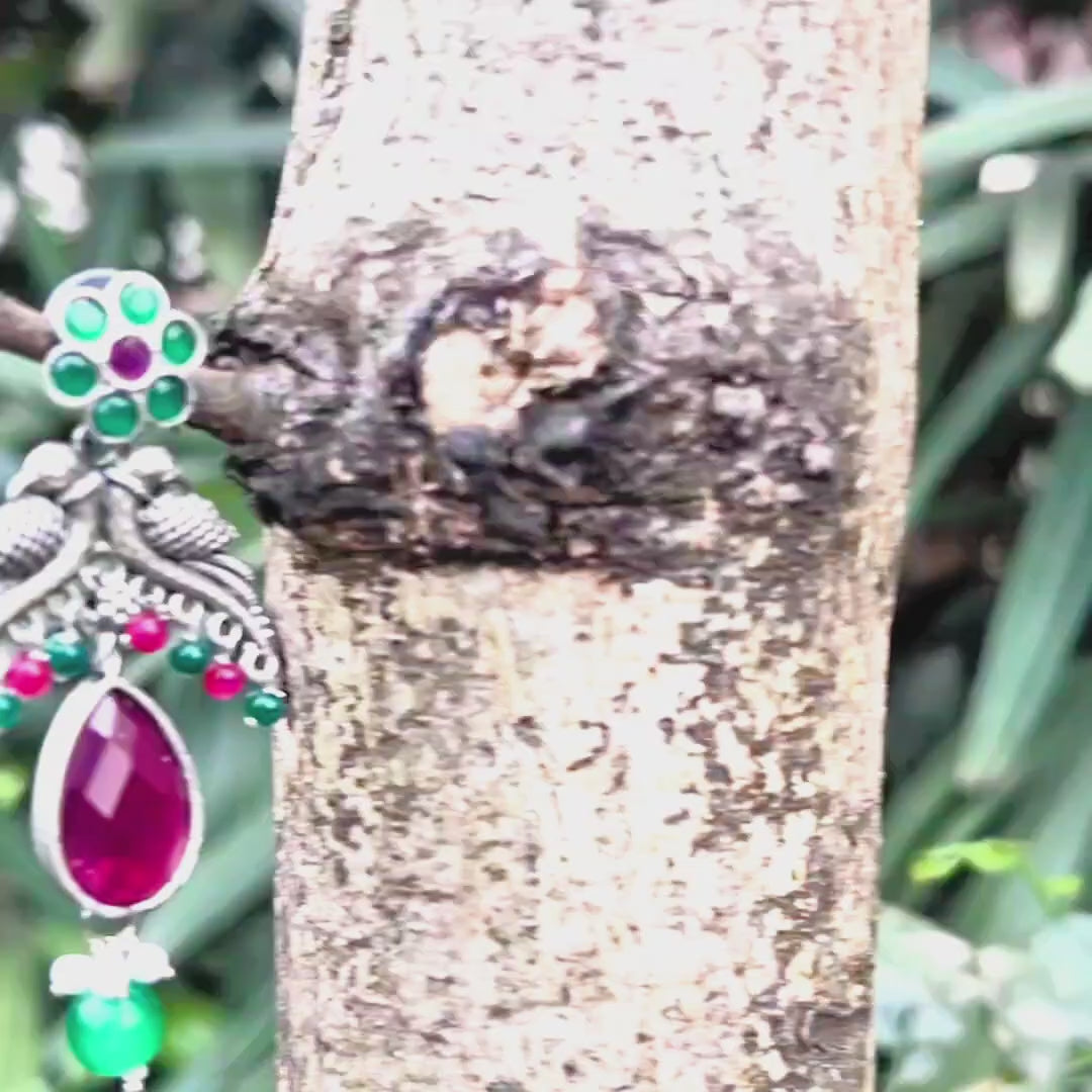 Enchanting Floral Bird Motif Oxidized Dangler Earrings