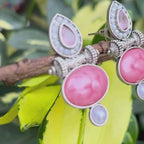 Pink Jaipur Stone Oxidized Earrings with Pearls