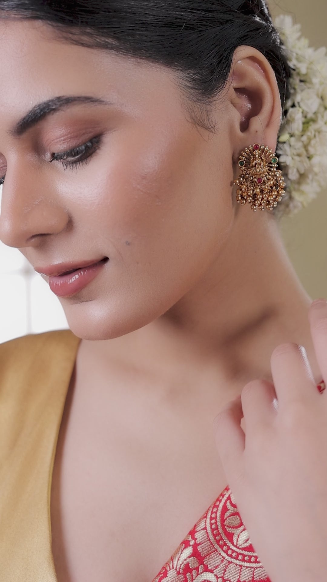 Heritage Laxmi Temple Big Studs with Faux Ruby Faux Emerald & 22KT Matte Gold