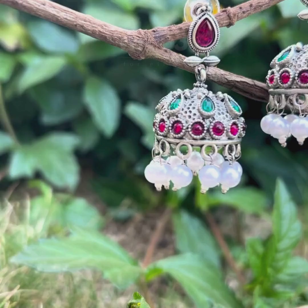 Jaipuri Stone & Pearl Oxidized Jhumka Earrings