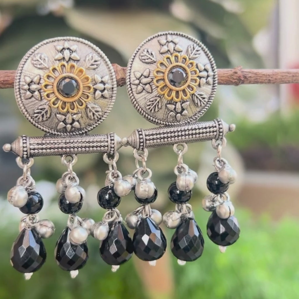Oxidized Dual-Toned Black Stone Earrings