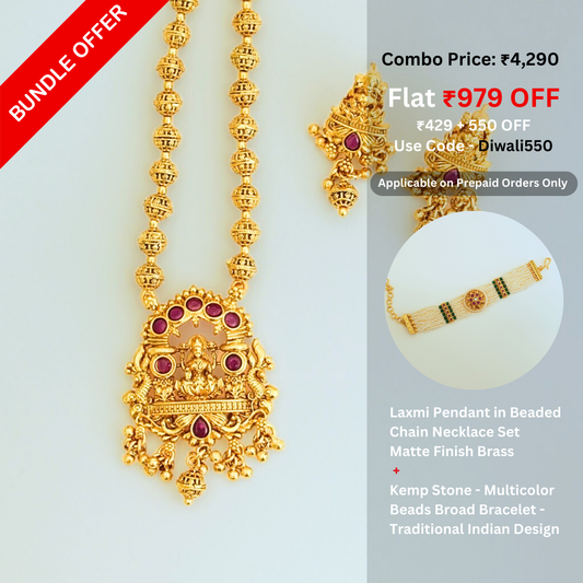 Combo 3 - Laxmi Pendant in Beaded Chain Necklace Set Matte Finish Brass  +  Kemp Stone - Multicolour Beads Broad Bracelet - Traditional Indian Design