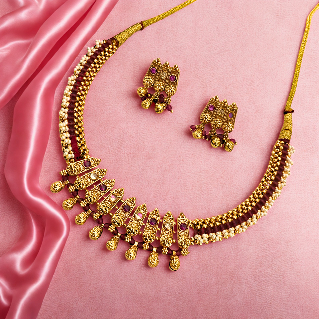 Ruby & Kundan Studded Beautiful Beaded Traditional Necklace Set