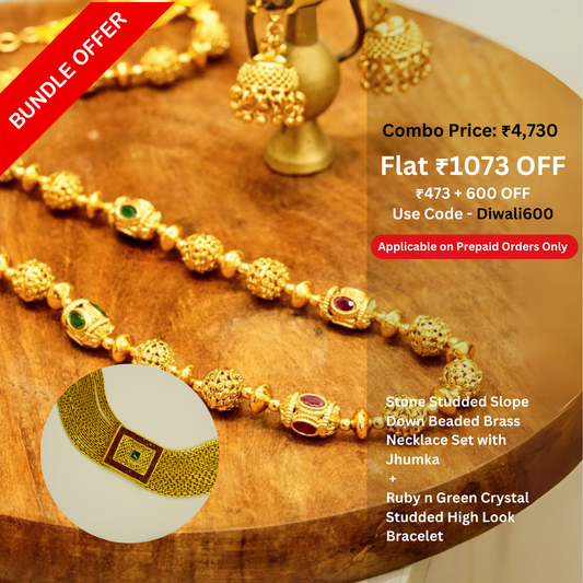 Combo - Slope Down Beaded Necklace Set in High Gold Plated Brass + 22K Gold Plated Ruby n Green Crystal  Bracelet